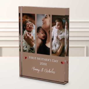 First Mother's Day Three Photo Collage Mocha Brown Block