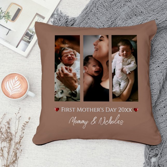 First Mother's Day Three Photo Collage Mocha Brown Throw Pillow (Mocha Brown First Mother's Day Three Photo Collage Throw Pillow)