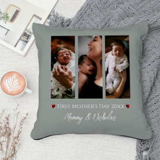 First Mother's Day Three Photo Collage Sage Green Throw Pillow