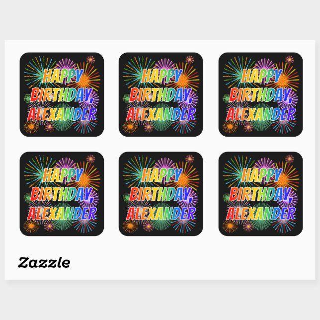 First Name "ALEXANDER", Fun "HAPPY BIRTHDAY" Square Sticker (Sheet)