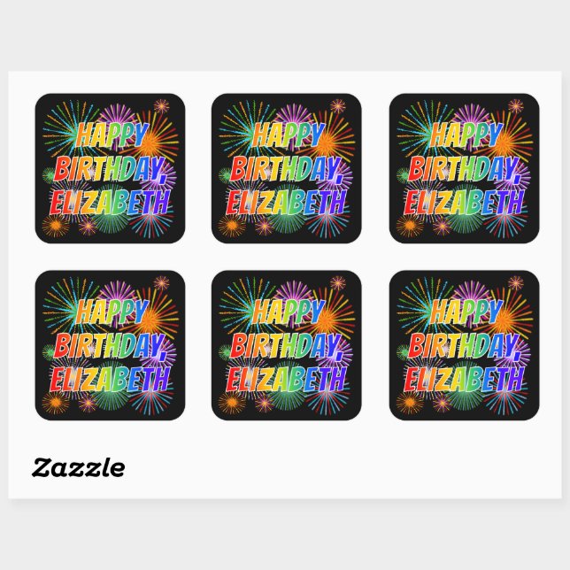 First Name "ELIZABETH", Fun "HAPPY BIRTHDAY" Square Sticker (Sheet)