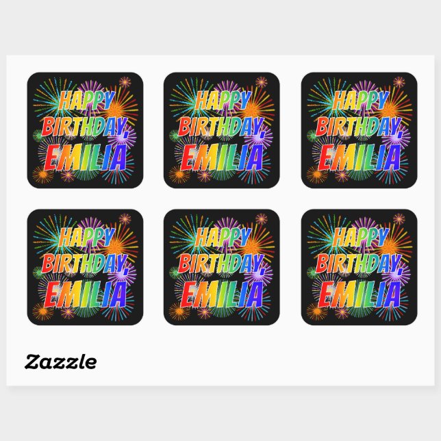 First Name "EMILIA", Fun "HAPPY BIRTHDAY" Square Sticker (Sheet)