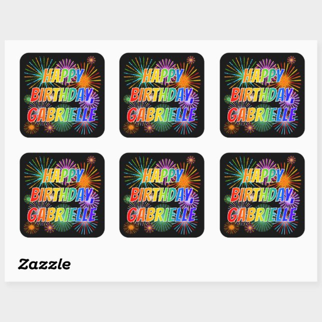 First Name "GABRIELLE", Fun "HAPPY BIRTHDAY" Square Sticker (Sheet)