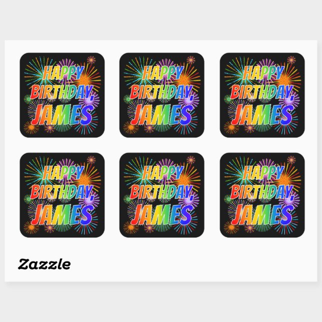 First Name "JAMES", Fun "HAPPY BIRTHDAY" Square Sticker (Sheet)
