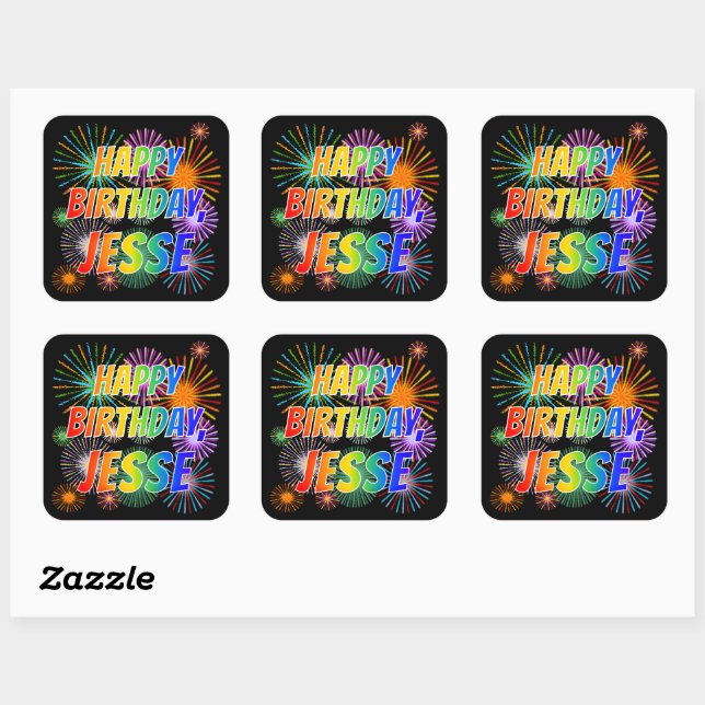 First Name "JESSE", Fun "HAPPY BIRTHDAY" Square Sticker (Sheet)