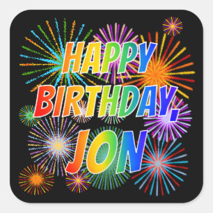 First Name "JON", Fun "HAPPY BIRTHDAY" Square Sticker