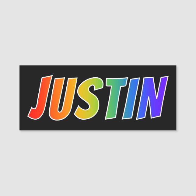First Name "JUSTIN": Fun Rainbow Colouring Tag (Front)