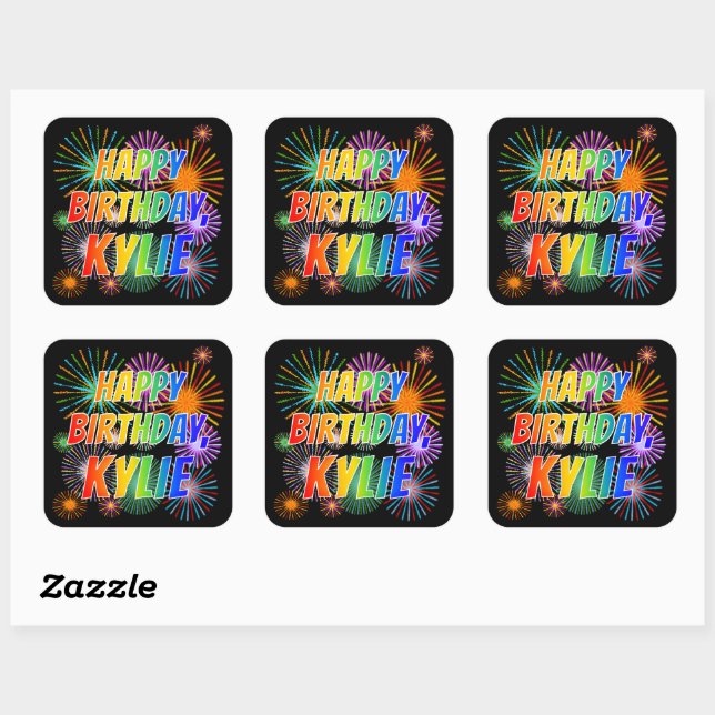 First Name "KYLIE", Fun "HAPPY BIRTHDAY" Square Sticker (Sheet)