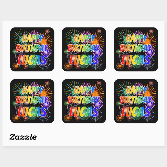 First Name "LUCAS", Fun "HAPPY BIRTHDAY" Square Sticker (Sheet)