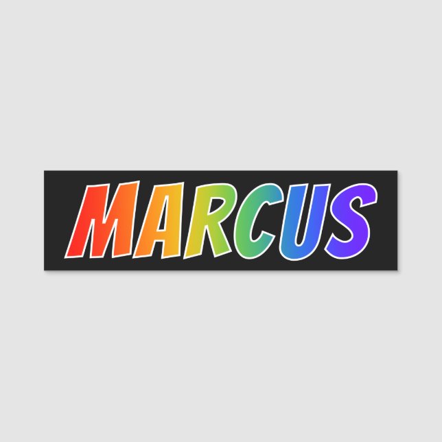 First Name "MARCUS": Fun Rainbow Colouring Name Tag (Front)