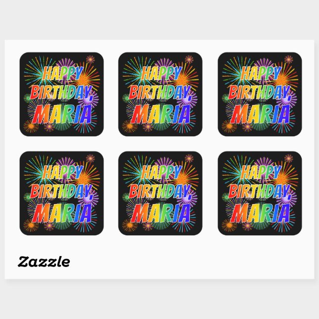 First Name "MARIA", Fun "HAPPY BIRTHDAY" Square Sticker (Sheet)