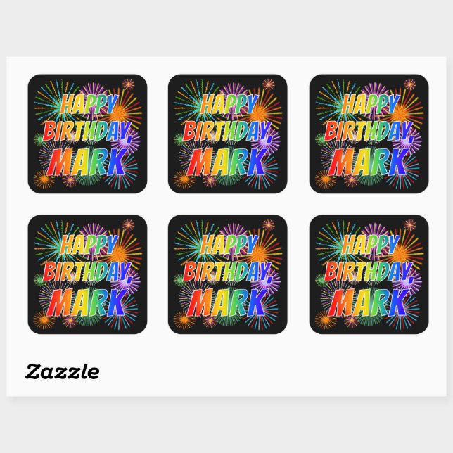 First Name "MARK", Fun "HAPPY BIRTHDAY" Square Sticker (Sheet)