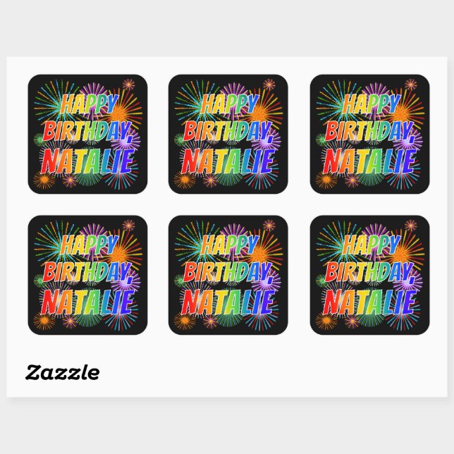 First Name "NATALIE", Fun "HAPPY BIRTHDAY" Square Sticker (Sheet)