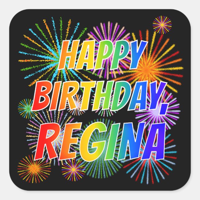First Name "REGINA", Fun "HAPPY BIRTHDAY" Square Sticker (Front)