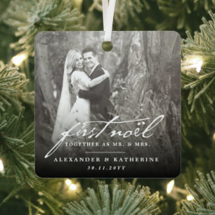 First Noel Old Handwriting Holiday Wedding Photo Metal Ornament