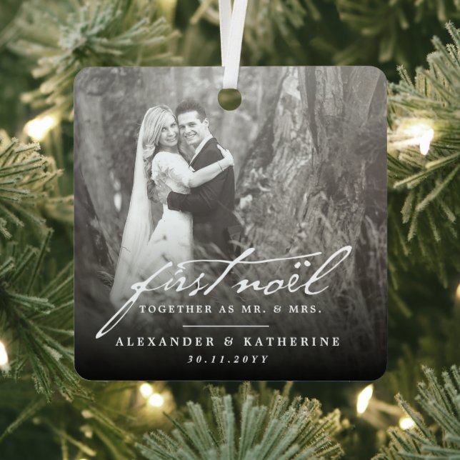 First Noel Old Handwriting Holiday Wedding Photo Metal Ornament (Insitu)