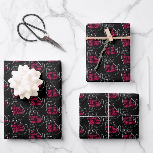 First Of All I'm A Delight Roaring Black Cat Wrapping Paper Sheet (Front)