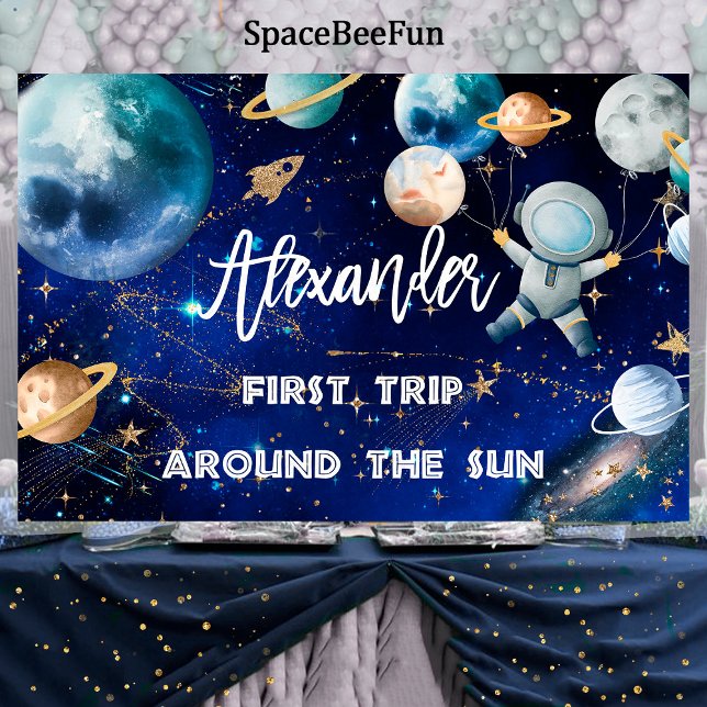 First Outer Space Backdrop Banner Birthday Welcome (Trip Around the Sun,First Outer Space,Backdrop Banner,Birthday Welcome sign,Boy Astronaut First Trip)
