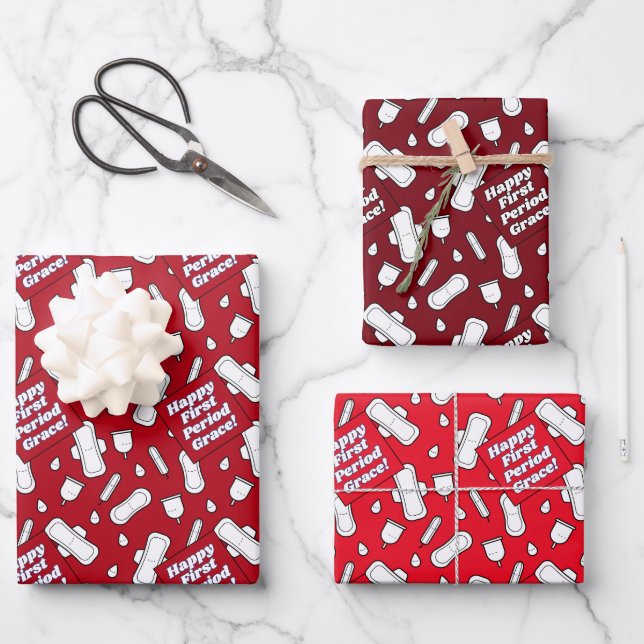 First Period Party Red White Pad Pattern Text Wrapping Paper Sheet (Front)