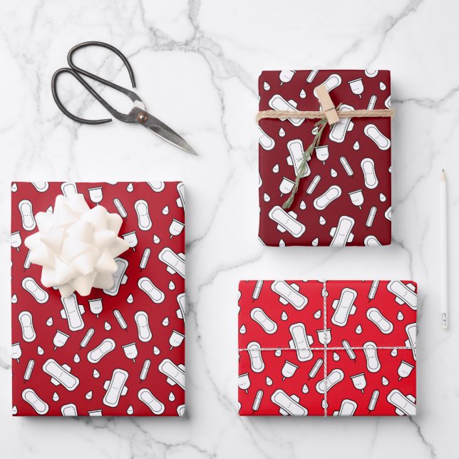 First Period Party Red White Tampon Pad Pattern Wrapping Paper Sheet (Front)