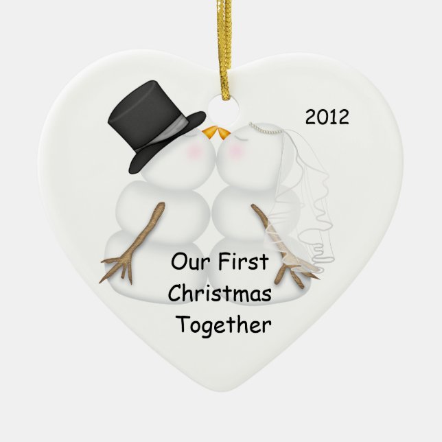 FIRST PERSONALIZED  Christmas SNOWMAN COUPLE Ceramic Ornament (Front)