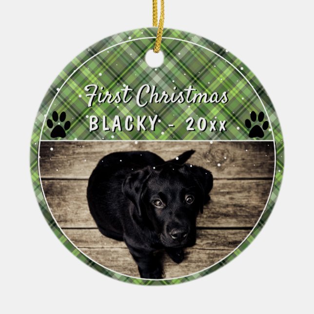 First Puppy Christmas Paw Green Plaid Dog Photo Ceramic Ornament (Front)