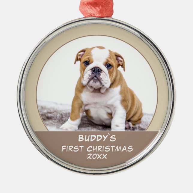 First Puppy Christmas Personalized Pet Photo Metal Ornament (Front)