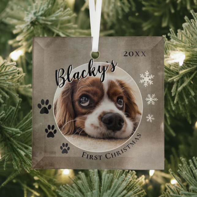 First Puppy Christmas Rustic Dog Name Photo  Glass Ornament (Insitu)