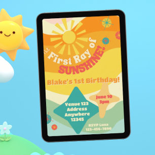 First Ray of Sunshine, Colourful Sun 1st Birthday Invitation