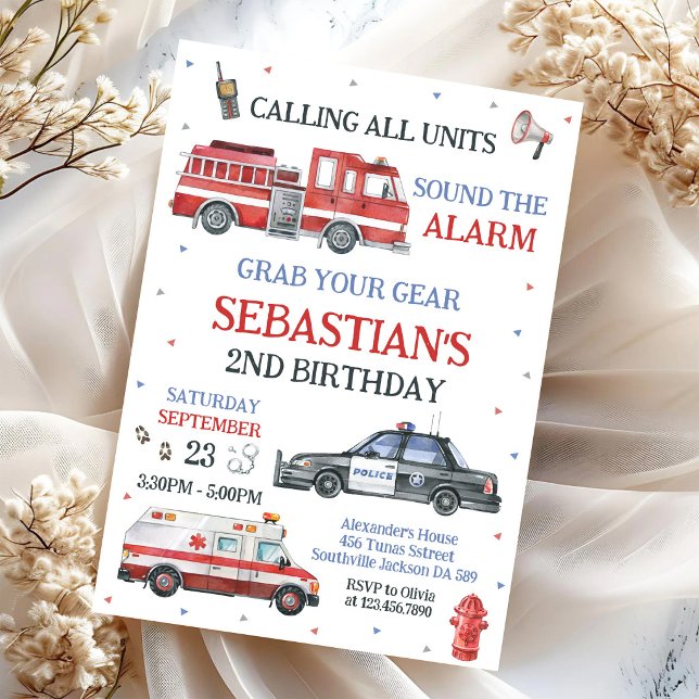 First Responders Emergency Vehicles Birthday  Invitation (Creator Uploaded)