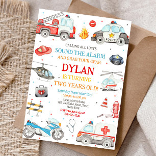 First Responders Emergency Vehicles Birthday Invitation