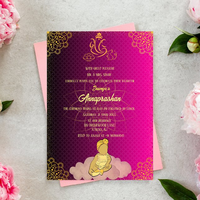 First Rice "Annaprashan" Indian Baby Image Pink Invitation (Creator Uploaded)