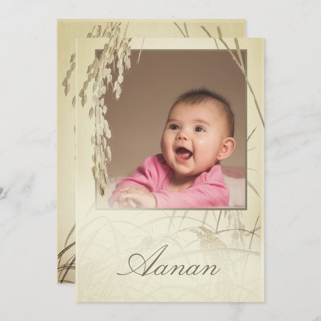 First Rice Ceremony Rice Plant Photo Gold Invitation (Front/Back)