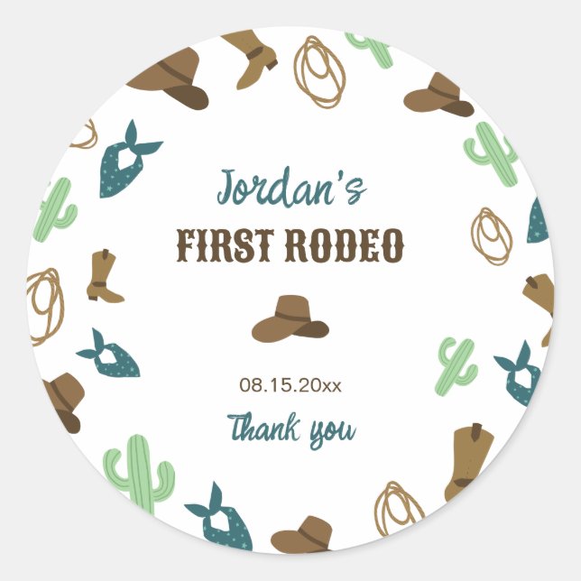 First Rodeo Birthday 1st Cowboy Western Classic Round Sticker (Front)