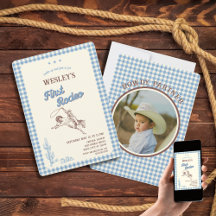 First Rodeo Blue Plaid First Birthday Invitation