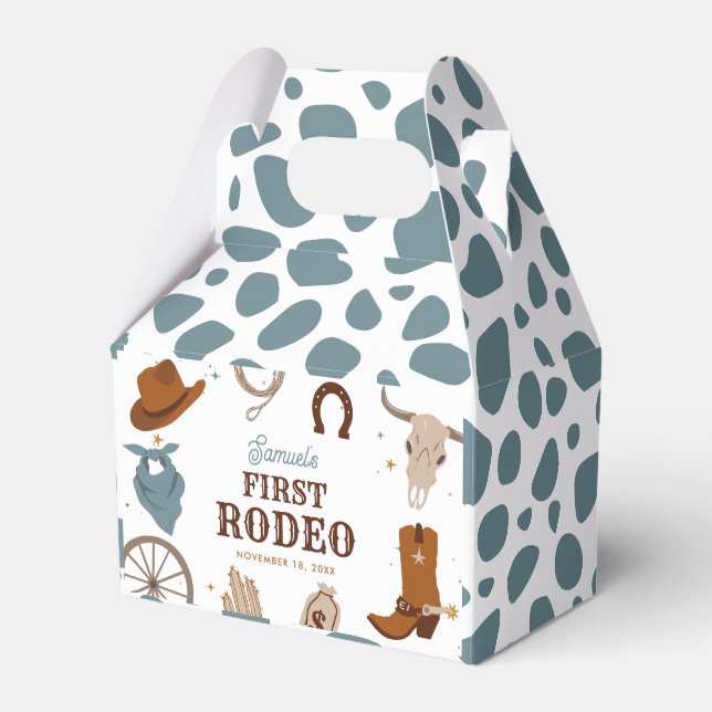 First Rodeo Blue Wild West Boy First Birthday Favor Box (Front Side)