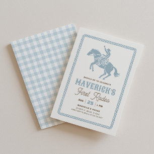 First Rodeo Boy Blue Gingham 1st Birthday Invitation
