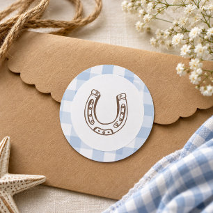 First Rodeo Cowboy Birthday Blue Gingham Preppy Classic Round Sticker
