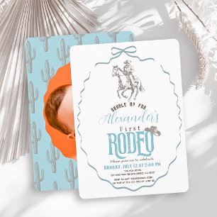 First Rodeo Cowboy Blue Bow Photo 1st Birthday Invitation