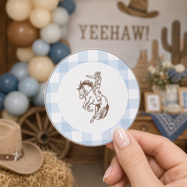 First Rodeo Cowboy Blue Gingham Preppy  Classic Round Sticker (Creator Uploaded)