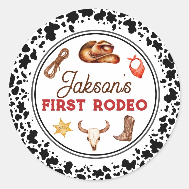 First Rodeo Cowboy Cupcake Toppers Classic Round Sticker (Front)