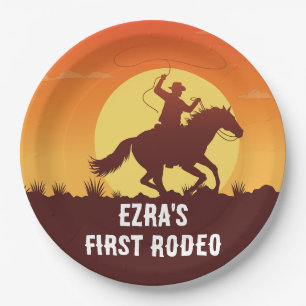 First Rodeo Cowboy Sunset Birthday Paper Plate