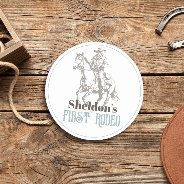 First Rodeo Cowboy Western Blue 1st Birthday Classic Round Sticker (Creator Uploaded)