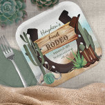 First Rodeo Cowboy Western Boy 1st Birthday Party Paper Plate<br><div class="desc">It's your little one's "First Rodeo" and we know you are so excited! Celebrate the little cowboy in rustic western cow poke style with this boy 1st Birthday Party design. Features a watercolor sand base with assorted cacti, a horseshoe, boots and cowboy hat along with a rustic wooden sign "First...</div>