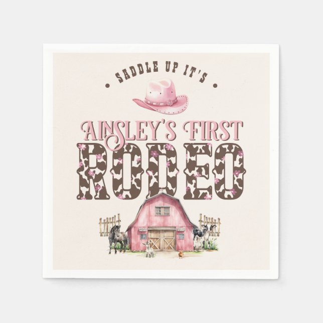 First Rodeo Cute Pink Personalized 1st Birthday Napkin (Front)