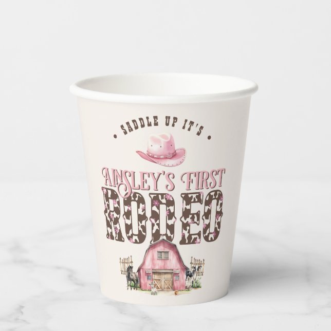 First Rodeo Cute Pink Personalized 1st Birthday Paper Cups (Front)