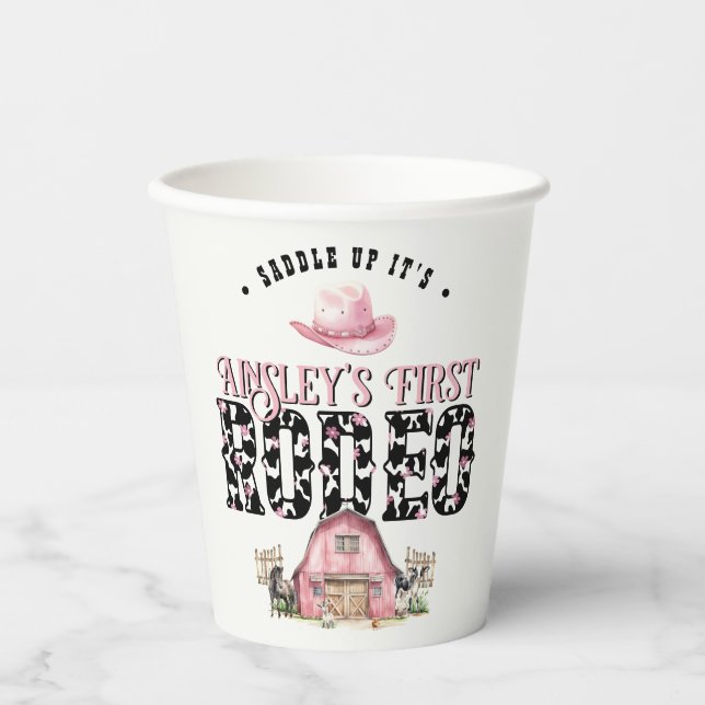 First Rodeo Cute Pink Personalized 1st Birthday Paper Cups (Front)