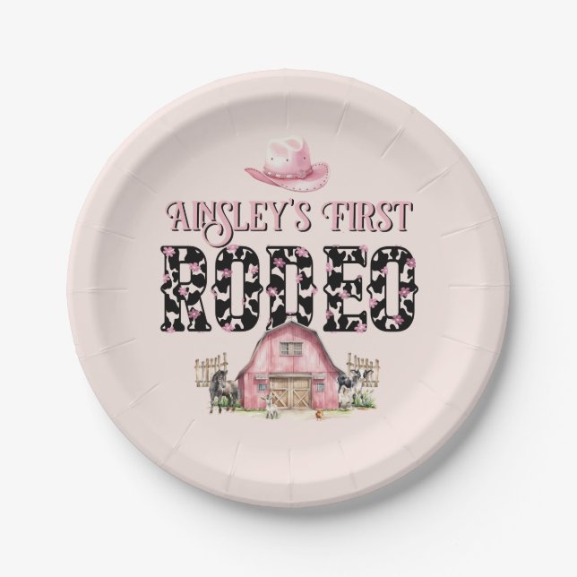 First Rodeo Cute Pink Personalized 1st Birthday Paper Plate (Front)