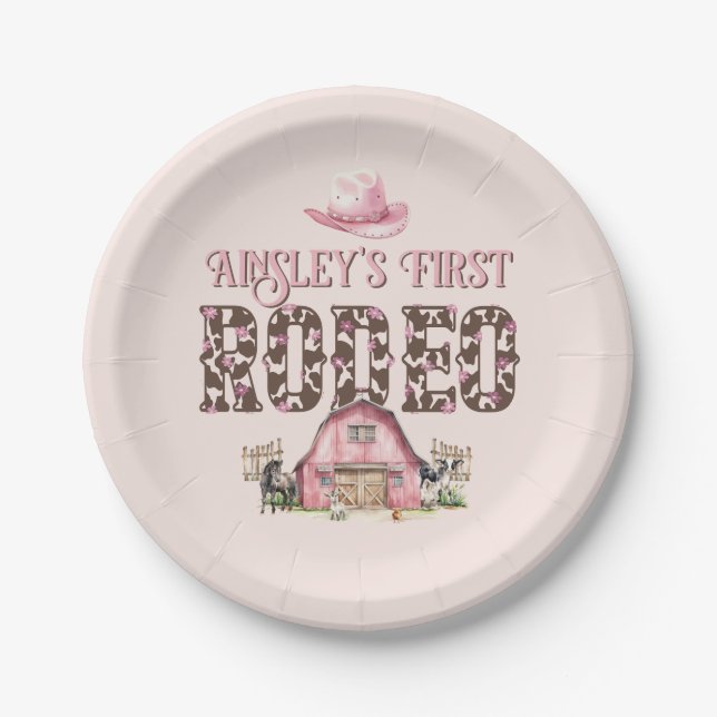 First Rodeo Cute Pink Personalized 1st Birthday Paper Plate (Front)