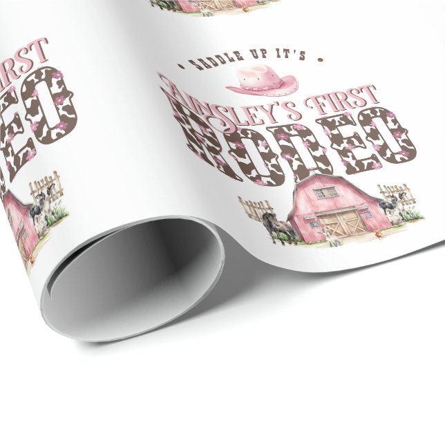 First Rodeo Cute Pink Personalized 1st Birthday Wrapping Paper (Roll Corner)